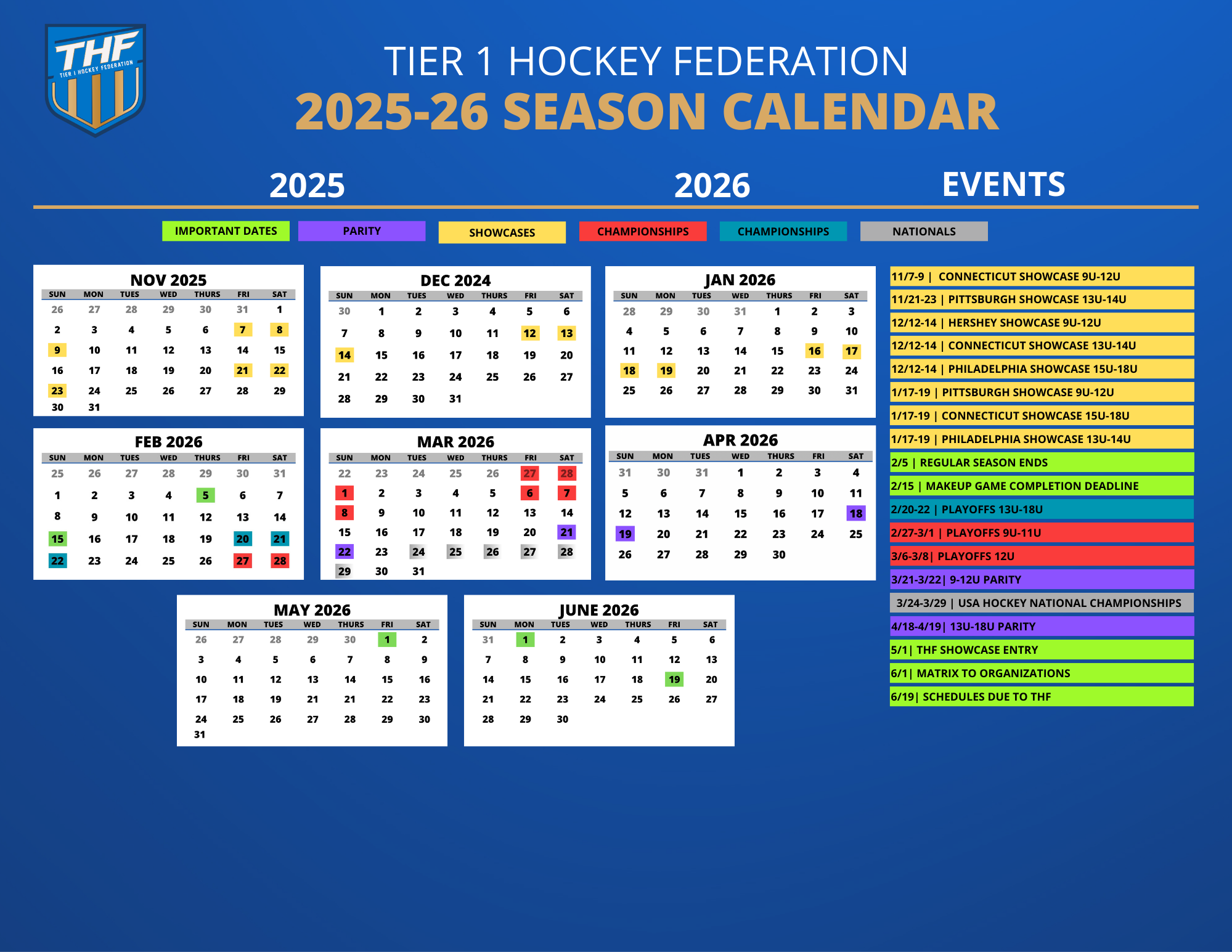 2025-26 THF calendar of events